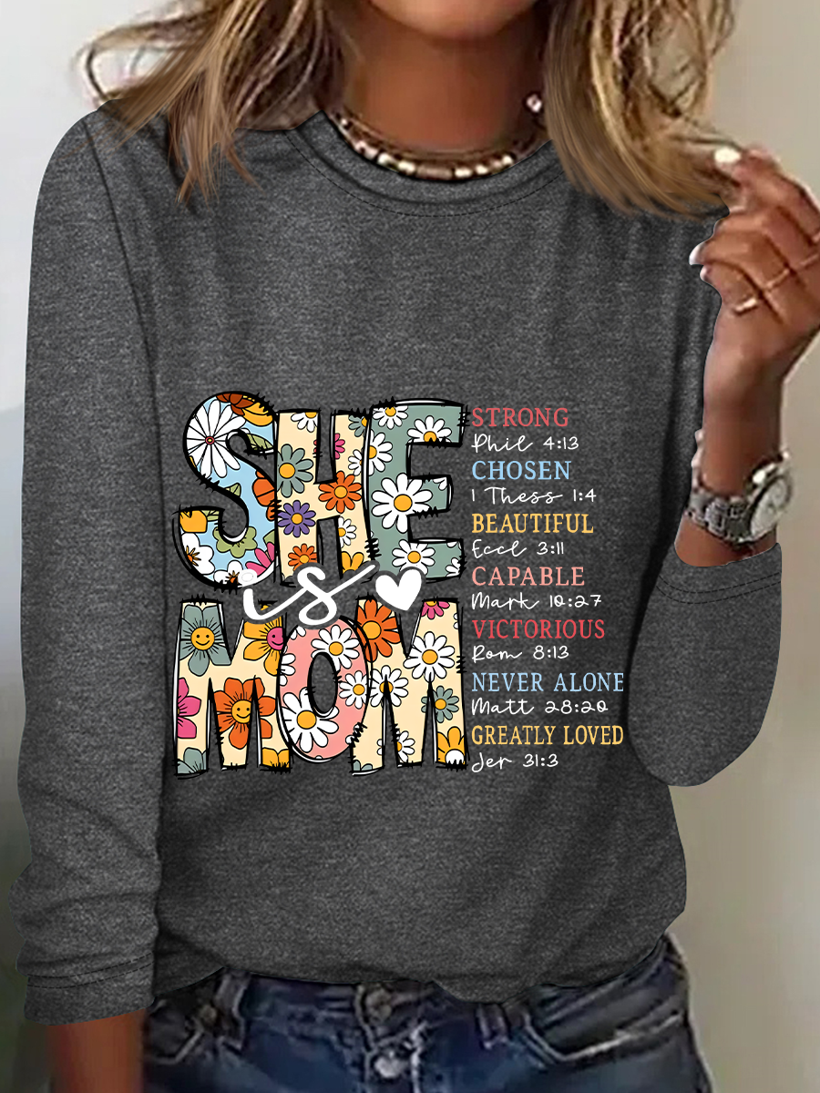 Crew Neck Long Sleeve Text Letters Regular Medium Elasticity Loose Blouse_ For Women