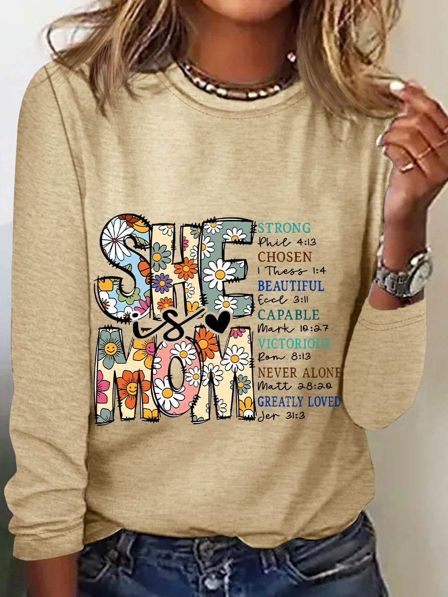 Crew Neck Long Sleeve Text Letters Regular Medium Elasticity Loose Blouse_ For Women