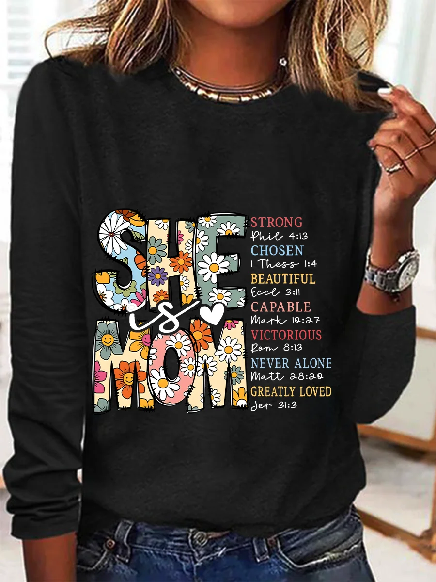 Crew Neck Long Sleeve Text Letters Regular Medium Elasticity Loose Blouse_ For Women