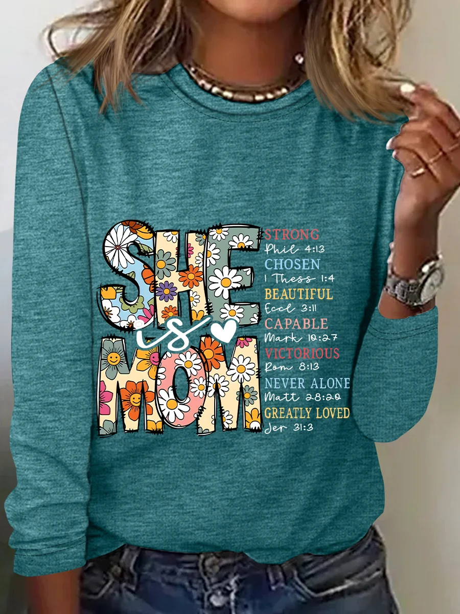 Crew Neck Long Sleeve Text Letters Regular Medium Elasticity Loose Blouse_ For Women