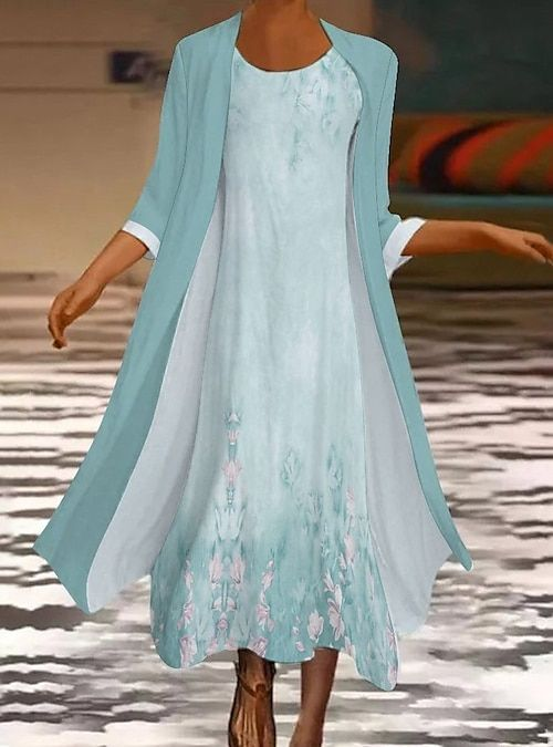 Women Floral Crew Neck Three Quarter Sleeve Comfy Printing Coat With Dress Two-Piece Set