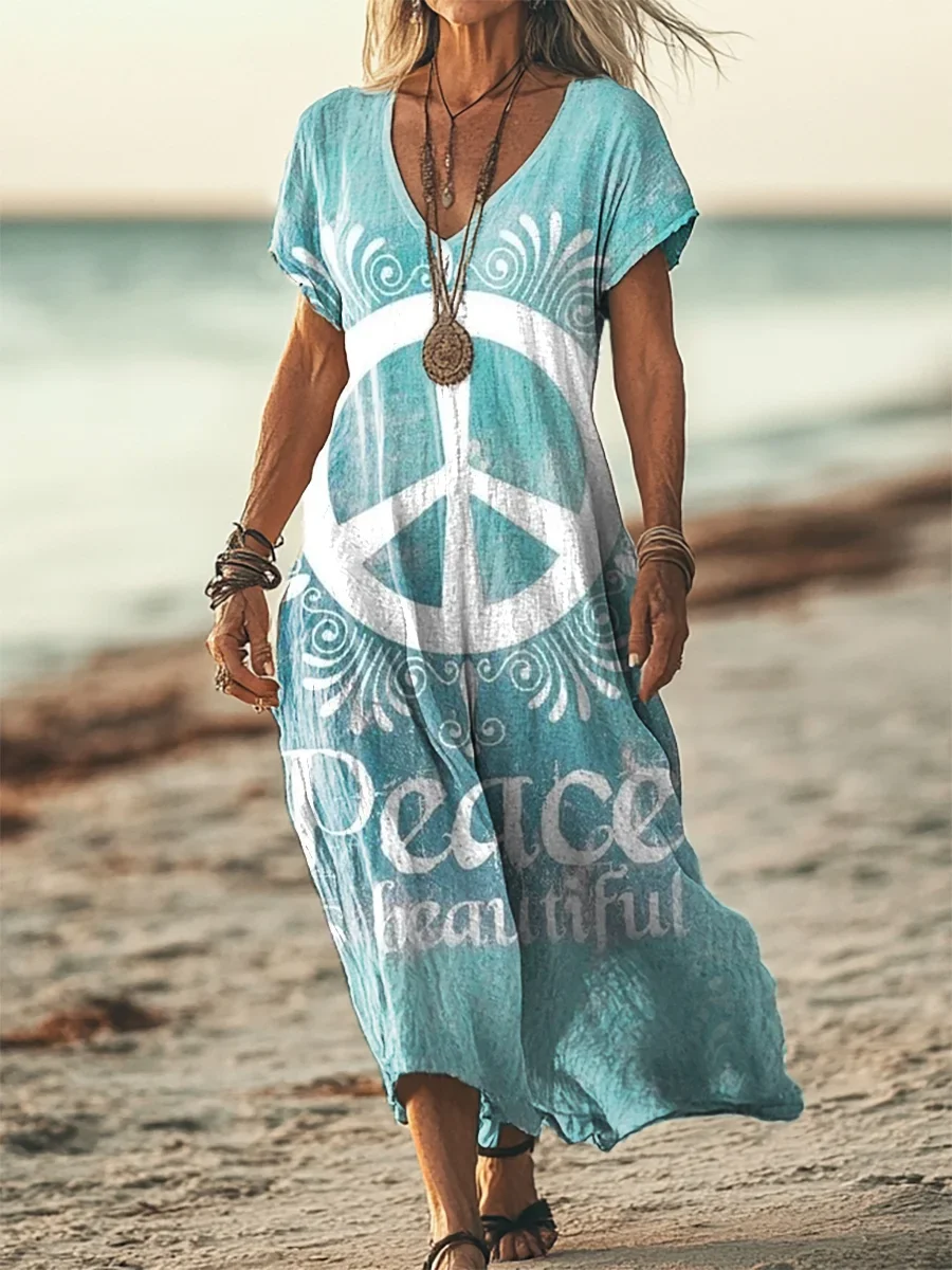 Women Hippie V Neck Short Sleeve Comfy Casual Printing Maxi Dress