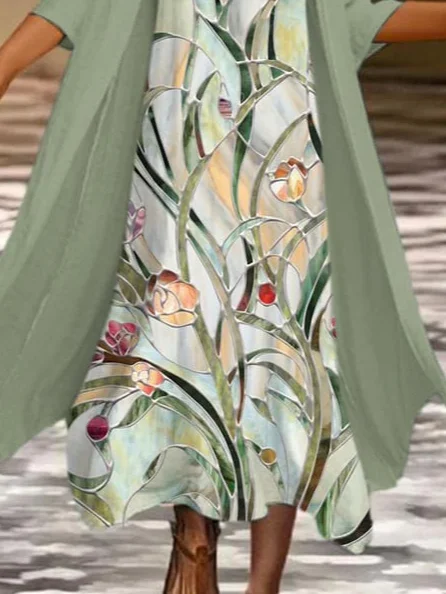 Women Floral Printing Two-Piece Set Daily Three Quarter Sleeve Casual Spring/Fall Dress With Coat Matching Set