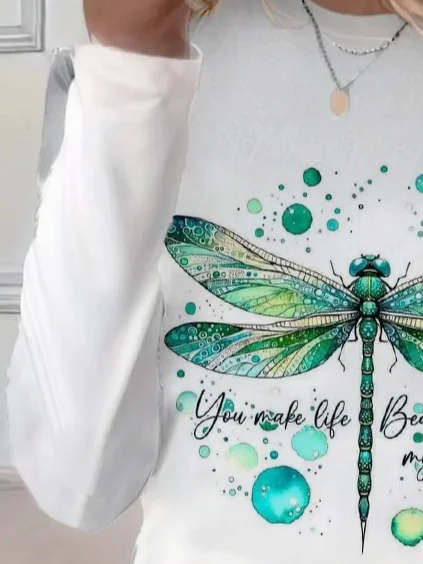 Casual Dragonfly Pattern Crew Neck Long Sleeve T-shirt