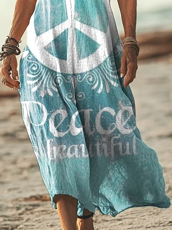 Women Hippie V Neck Short Sleeve Comfy Casual Printing Maxi Dress