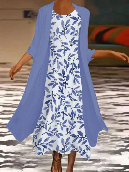 Women Floral Printing Two-Piece Set Daily Three Quarter Sleeve Casual Spring/Fall Dress With Coat Matching Set