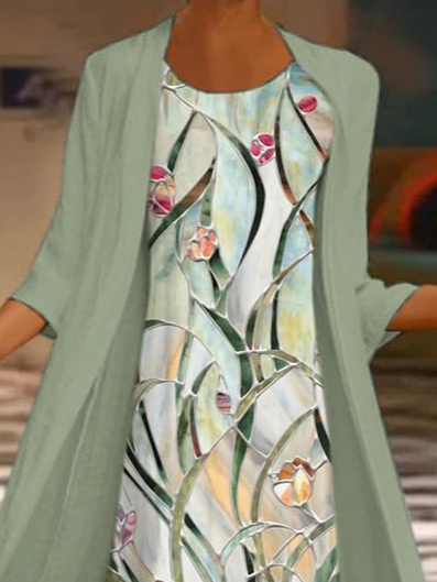 Women Floral Printing Two-Piece Set Daily Three Quarter Sleeve Casual Spring/Fall Dress With Coat Matching Set