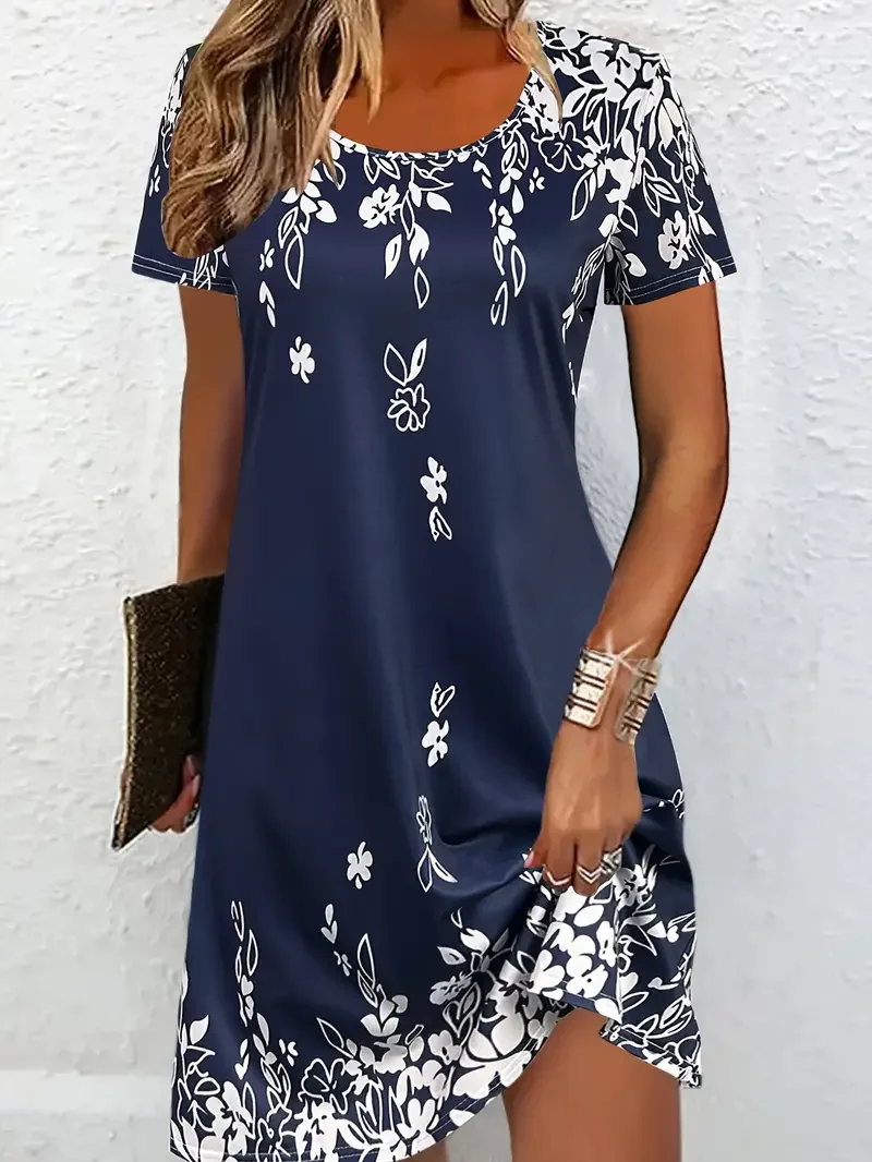 Women Floral Crew Neck Short Sleeve Comfy Casual Printing Mini Dress