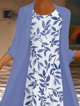 Women Floral Printing Two-Piece Set Daily Three Quarter Sleeve Casual Spring/Fall Dress With Coat Matching Set