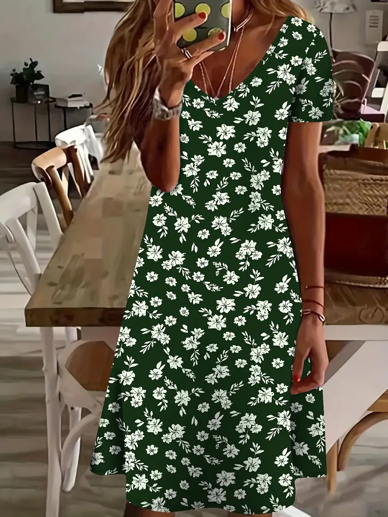Women Floral V Neck Short Sleeve Comfy Casual Printing Knee Length Dress