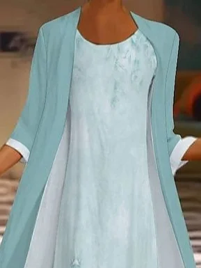 Women Floral Crew Neck Three Quarter Sleeve Comfy Printing Coat With Dress Two-Piece Set