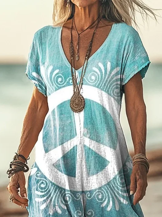 Women Hippie V Neck Short Sleeve Comfy Casual Printing Maxi Dress