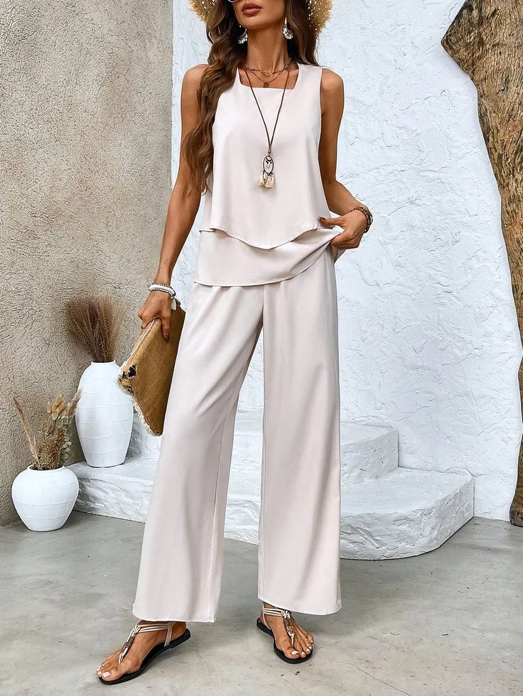 Women Plain Crew Neck Sleeveless Comfy Casual Top With Pants Two-Piece Set