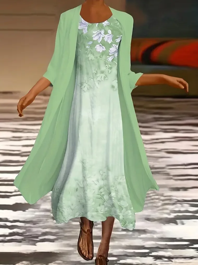 Women Floral Crew Neck Three Quarter Sleeve Comfy Casual Printing Coat With Dress Two-Piece Set