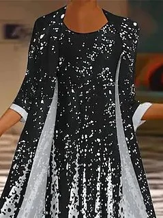 Women Floral Crew Neck Three Quarter Sleeve Comfy Casual Printing Coat With Dress Two-Piece Set