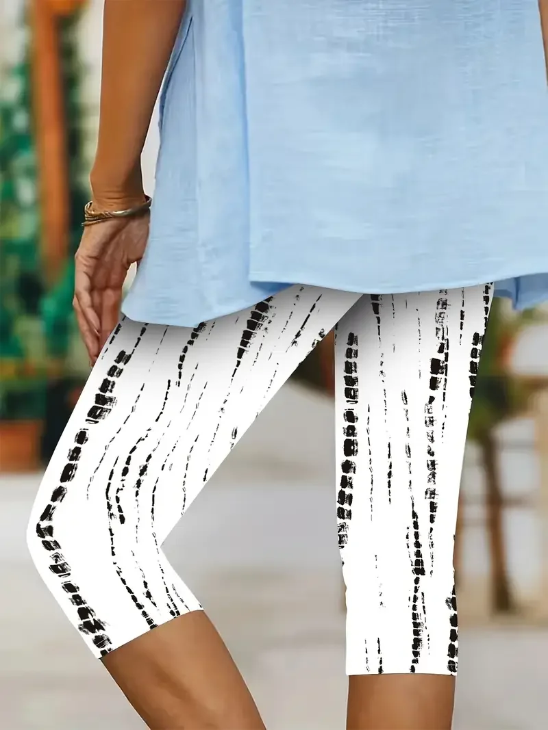 Casual Abstract Stripes Capris Elastic Waist Printing Leggings