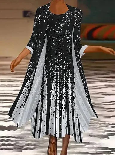 Women Floral Crew Neck Three Quarter Sleeve Comfy Casual Printing Coat With Dress Two-Piece Set