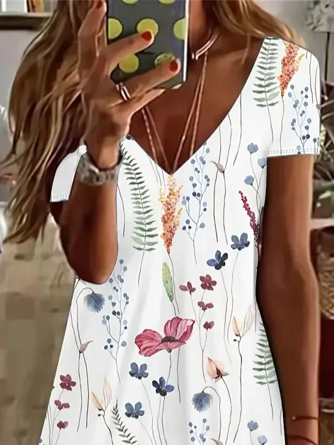 Women Floral V Neck Short Sleeve Comfy Casual Printing Knee Length Dress