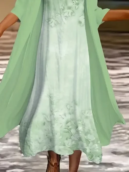 Women Floral Crew Neck Three Quarter Sleeve Comfy Casual Printing Coat With Dress Two-Piece Set