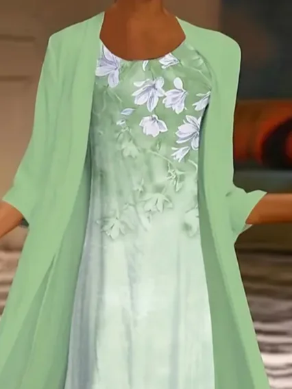 Women Floral Crew Neck Three Quarter Sleeve Comfy Casual Printing Coat With Dress Two-Piece Set