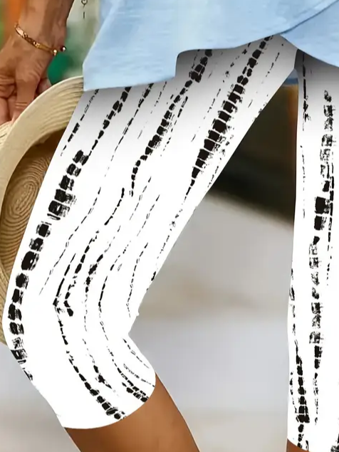 Casual Abstract Stripes Capris Elastic Waist Printing Leggings