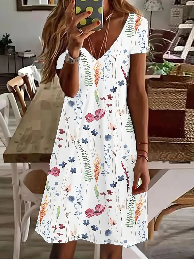 Women Floral V Neck Short Sleeve Comfy Casual Printing Knee Length Dress