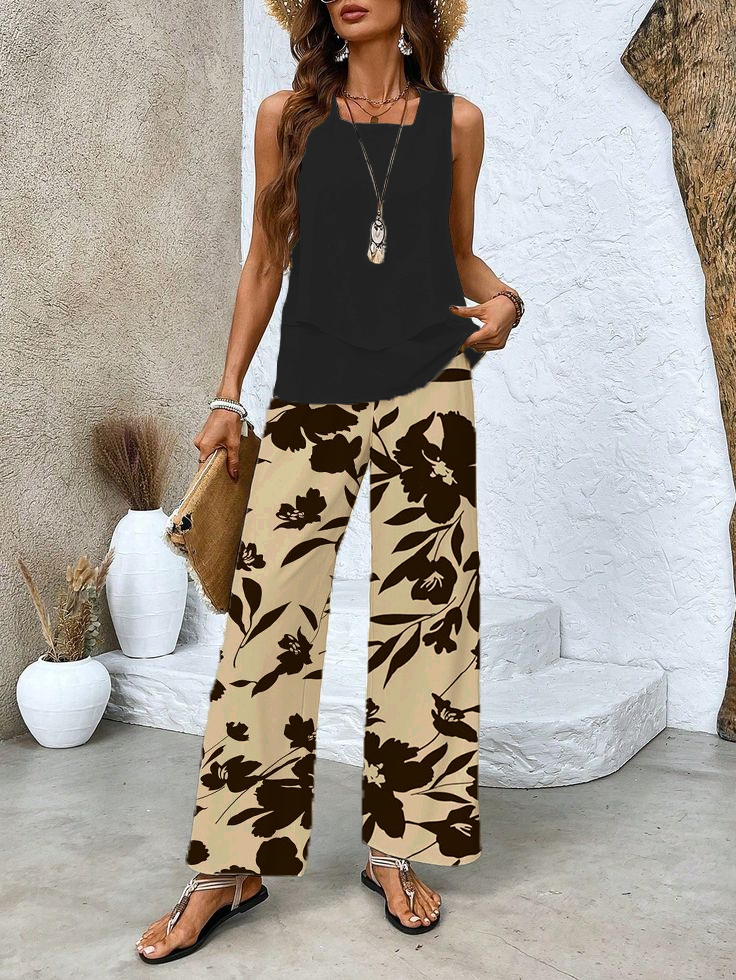 Women Floral Crew Neck Sleeveless Comfy Casual Printing Top With Pants Two-Piece Set