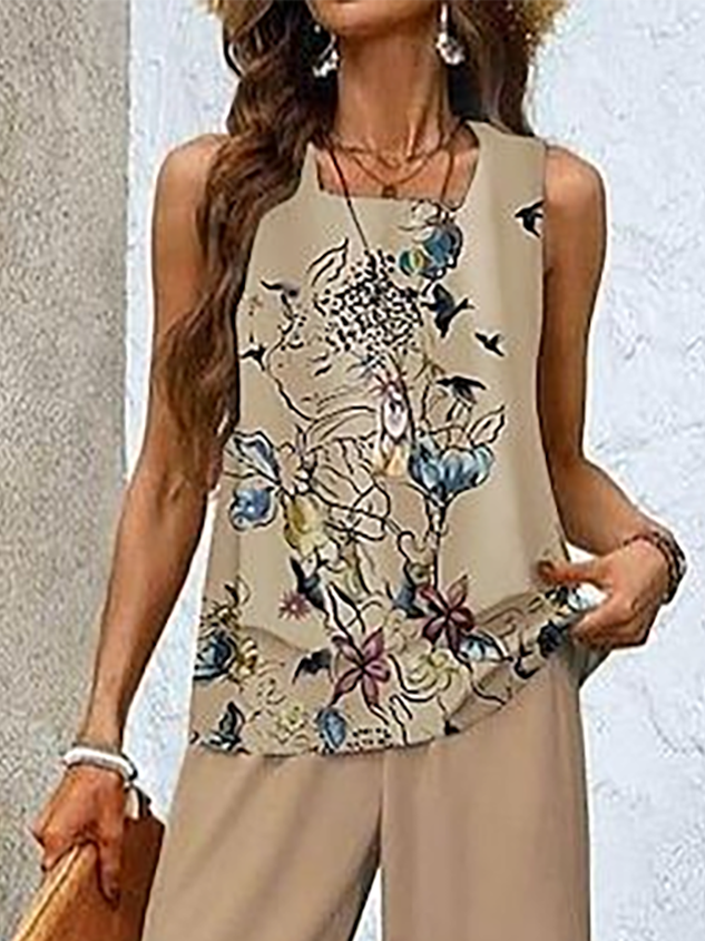 Women Floral Crew Neck Sleeveless Comfy Casual Printing Top With Pants Two-Piece Set