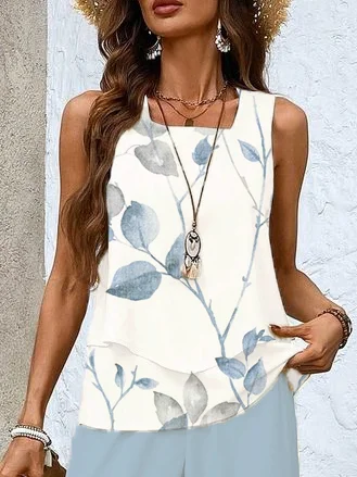 Women Floral Crew Neck Sleeveless Comfy Casual Printing Top With Pants Two-Piece Set