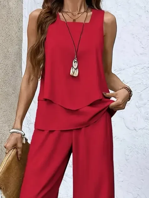 Women Plain Crew Neck Sleeveless Comfy Casual Top With Pants Two-Piece Set