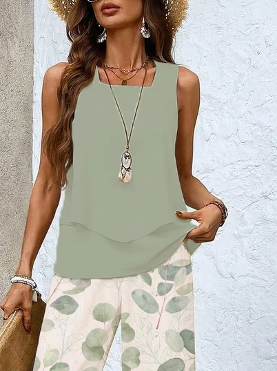 Women Floral Crew Neck Sleeveless Comfy Casual Top With Pants Two-Piece Set