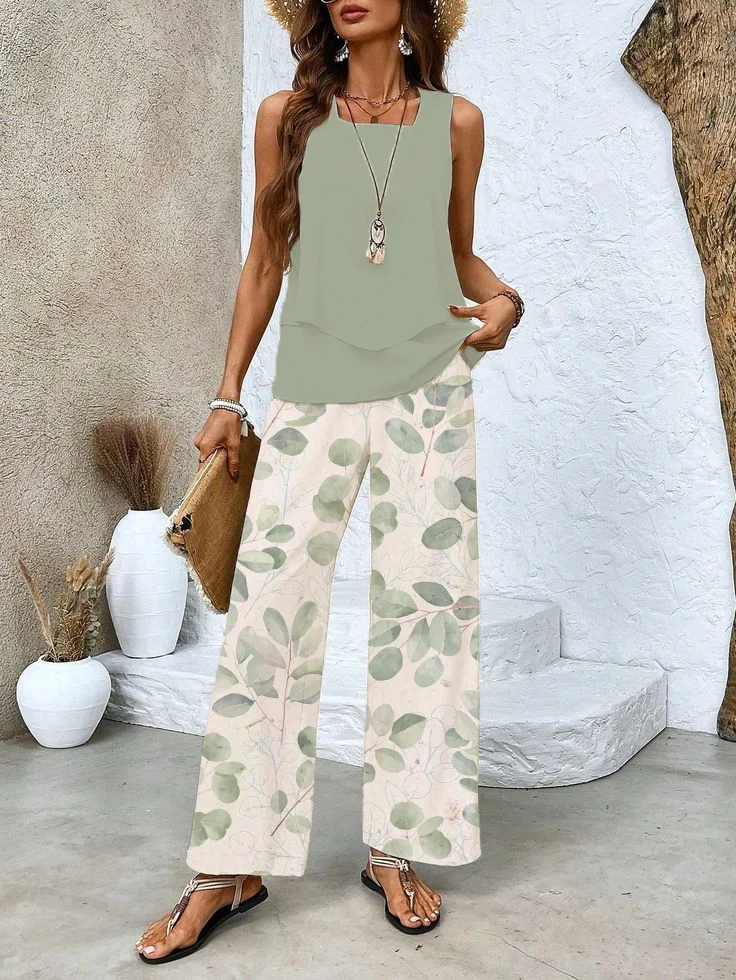 Women Floral Crew Neck Sleeveless Comfy Casual Top With Pants Two-Piece Set