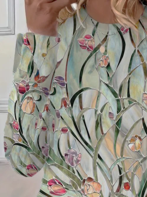 Casual Floral Crew Neck Long Sleeve T-shirt