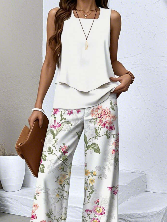 Women Floral Two-Piece Set Daily Sleeveless Casual Summer Top With Pants Matching Set
