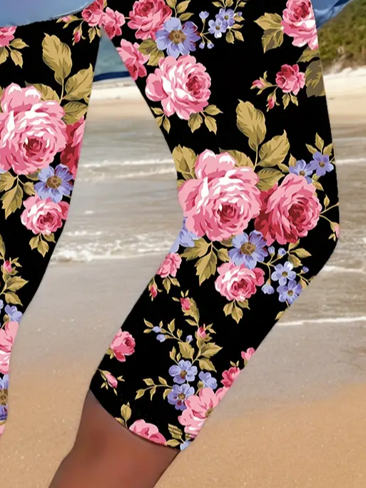 Women Floral Capris Elastic Waist Pants Casual Summer Trousers