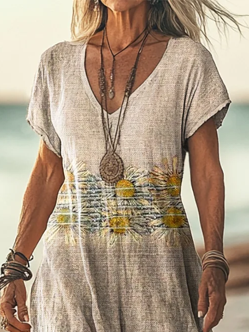 Women Floral V Neck Short Sleeve Comfy Casual Printing Maxi Dress