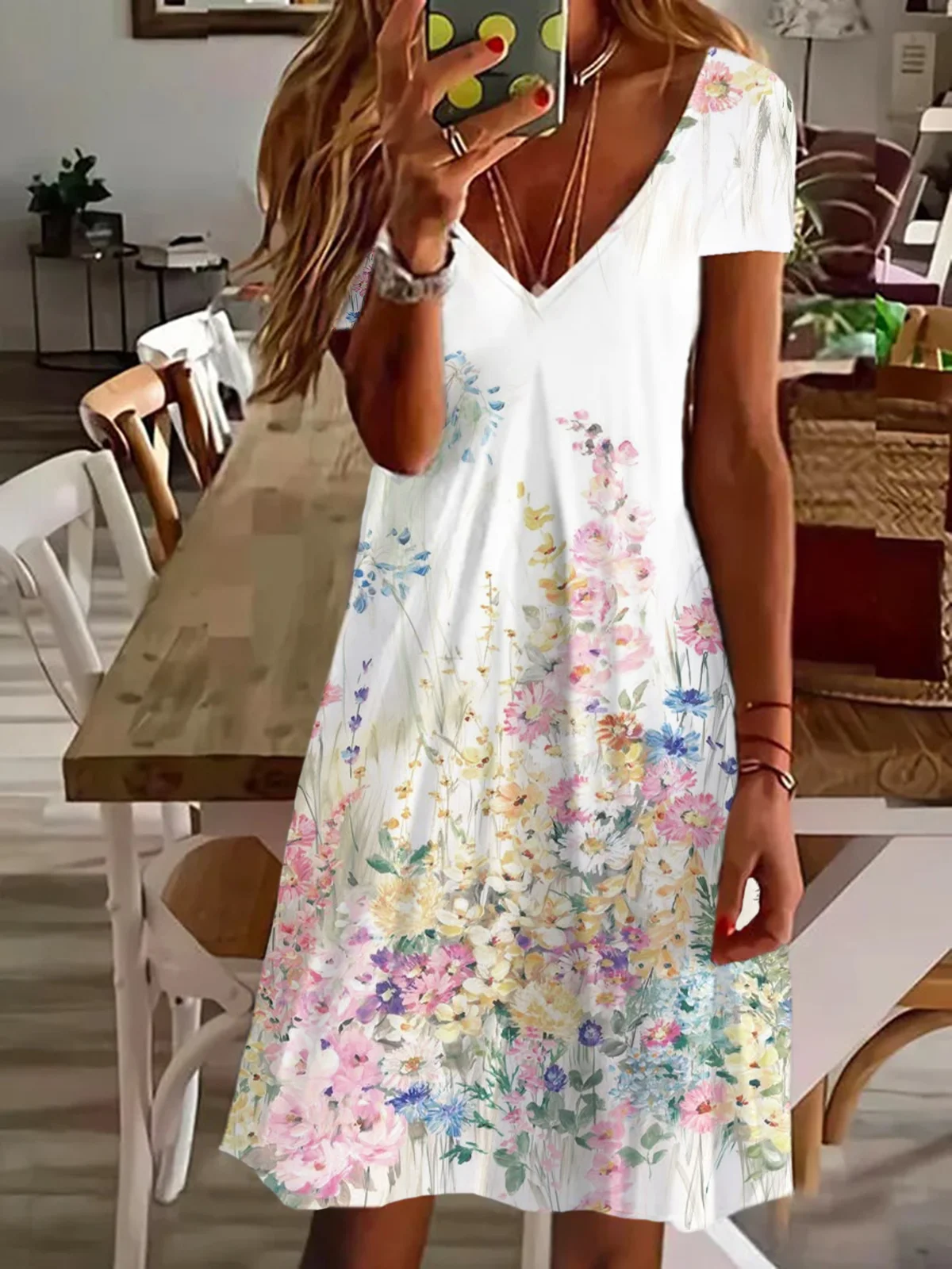 Women Floral V Neck Short Sleeve Comfy Casual Printing Knee Length Dress