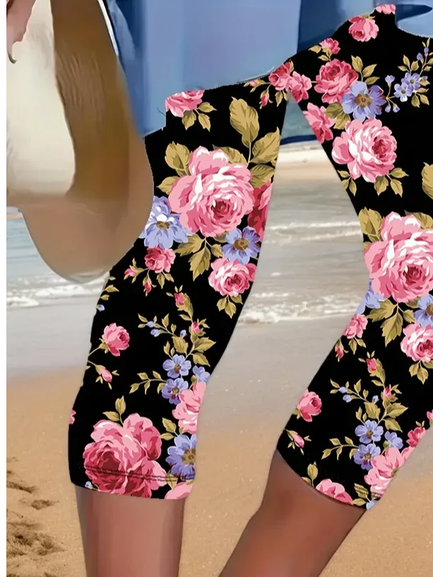 Women Floral Capris Elastic Waist Pants Casual Summer Trousers