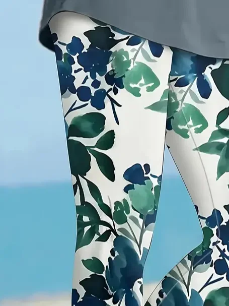 Women Floral Capris Elastic Waist Pants Casual Summer Trousers