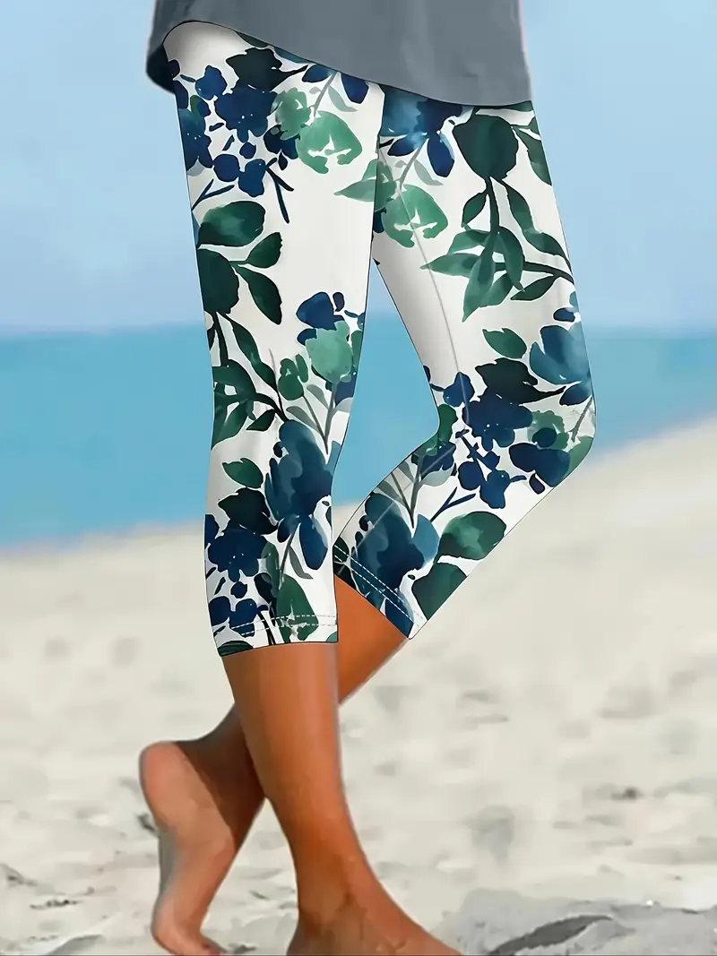Women Floral Capris Elastic Waist Pants Casual Summer Trousers