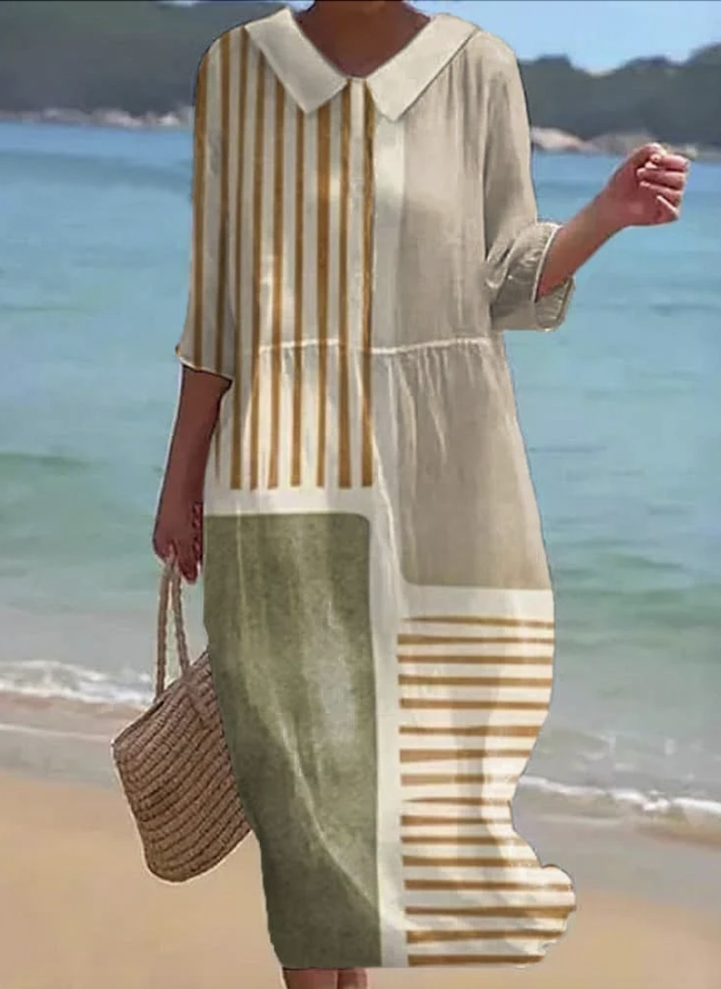 Women Geometric Crew Neck Half Sleeve Comfy Casual Maxi Dress