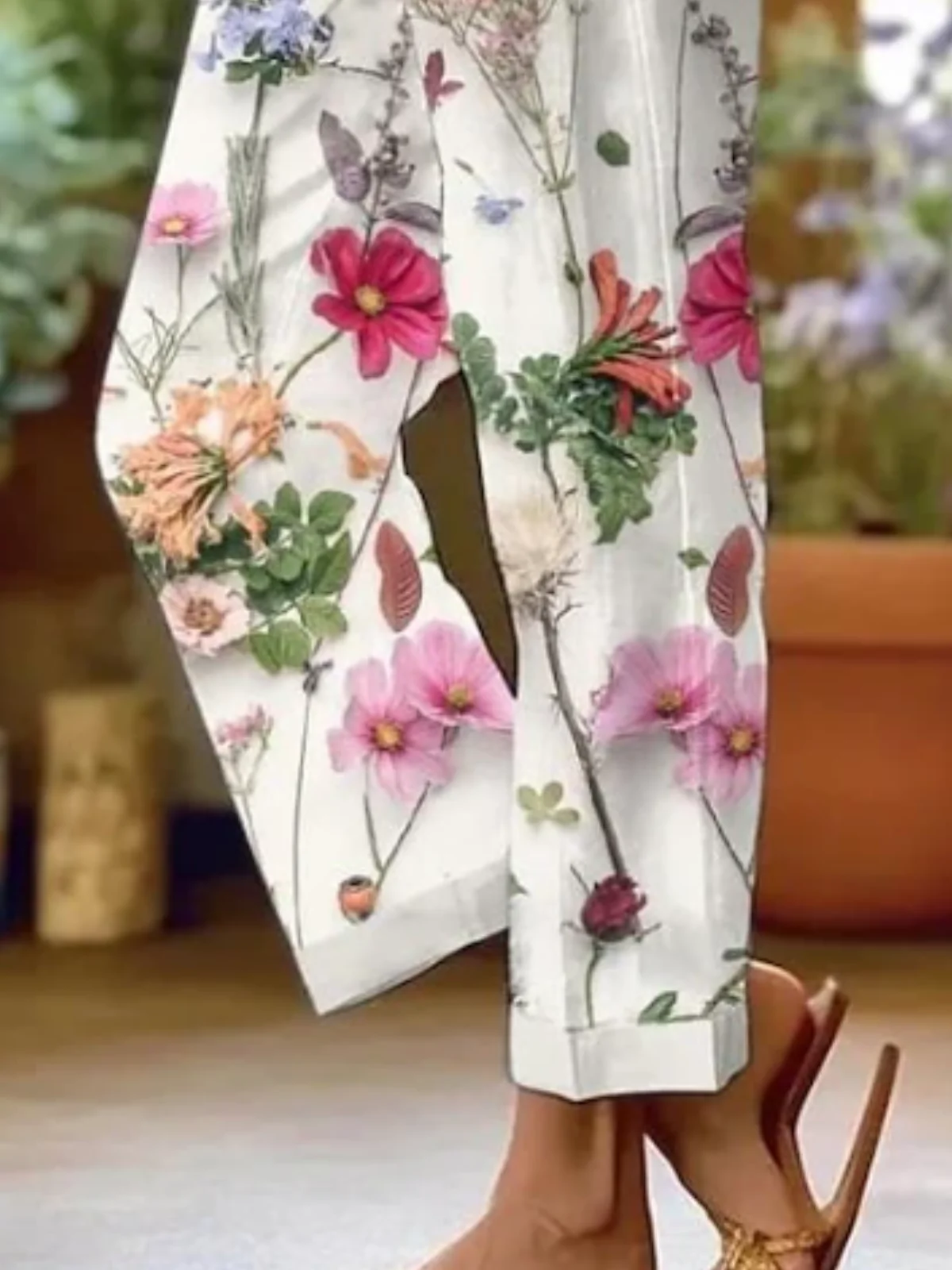 Casual Floral Print Daily H-Line Linen Pants