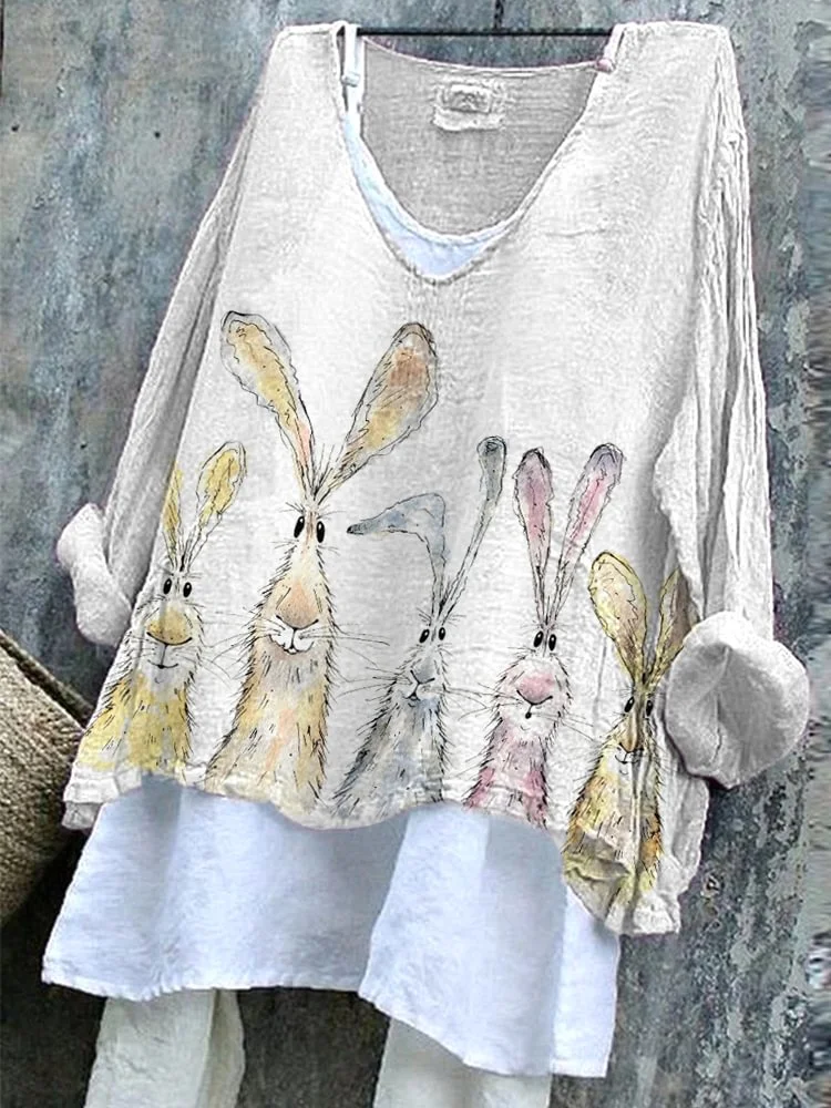 V Neck Long Sleeve Easter (rabbit) Printing Regular Micro-Elasticity Loose Graphic Tee Blouse_ For Women