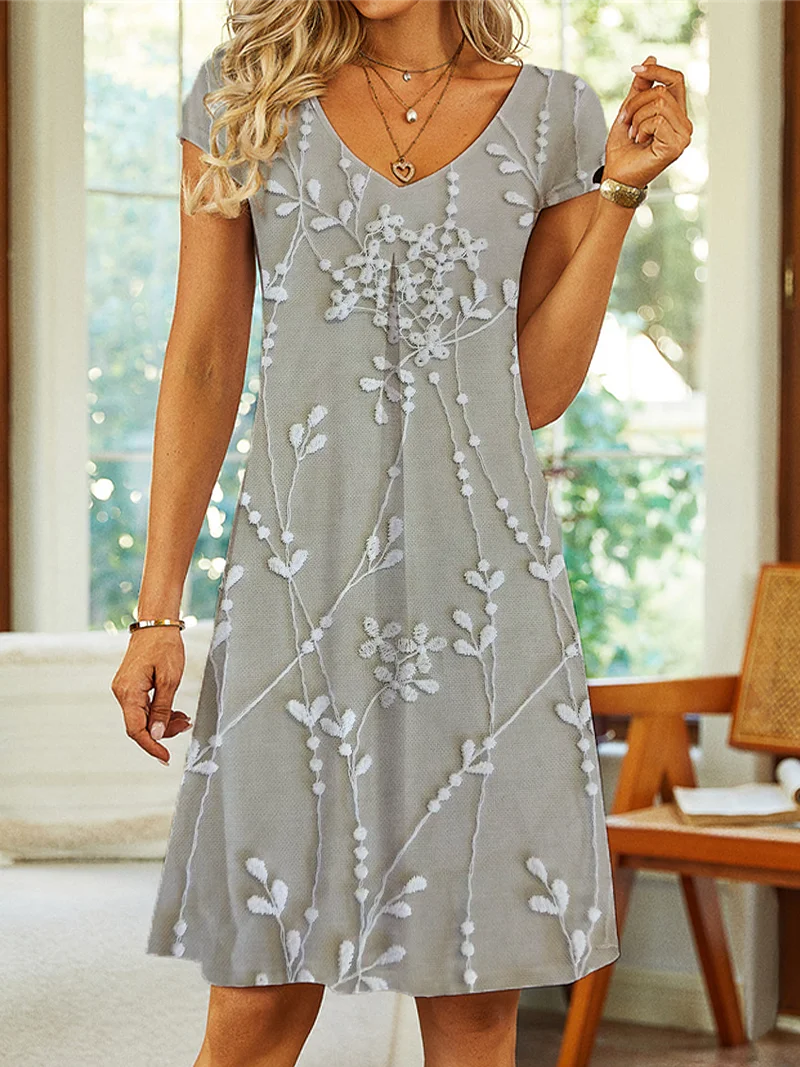 Women Floral V Neck Short Sleeve Comfy Casual Printing Knee Length Dress