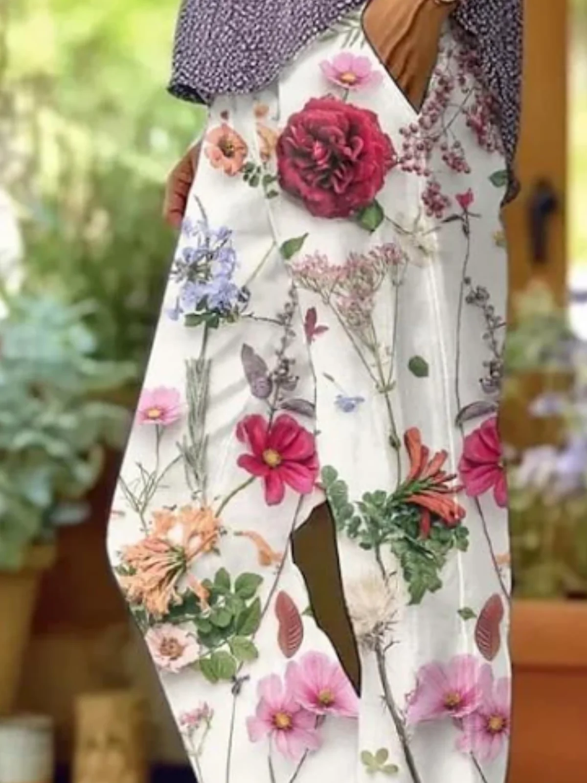 Casual Floral Print Daily H-Line Linen Pants