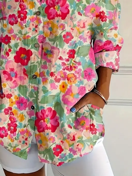 Shirt Collar Long Sleeve Floral Buckle Regular Loose Button Up Shirt Shirt For Women