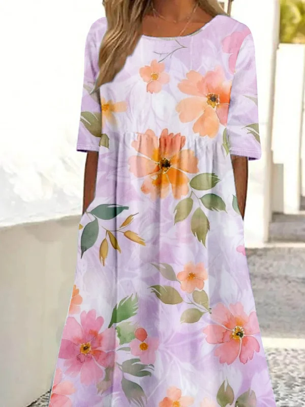 Women Floral Crew Neck Half Sleeve Comfy Casual Maxi Dress