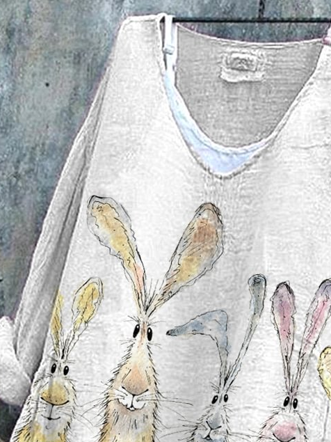 V Neck Long Sleeve Easter (rabbit) Printing Regular Micro-Elasticity Loose Graphic Tee Blouse_ For Women
