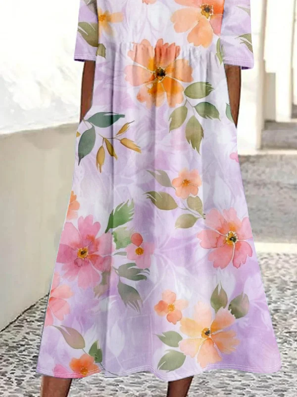 Women Floral Crew Neck Half Sleeve Comfy Casual Maxi Dress