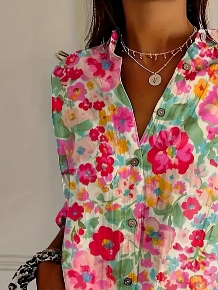 Shirt Collar Long Sleeve Floral Buckle Regular Loose Button Up Shirt Shirt For Women